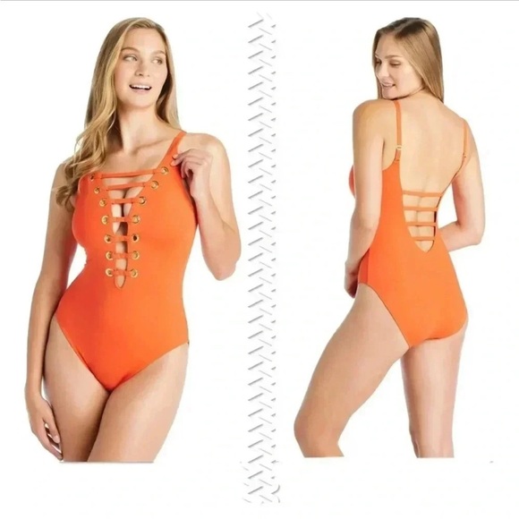 Bleu Rod Beattie Fiery Orange Lace-Up Swimsuit - Picture 1 of 4